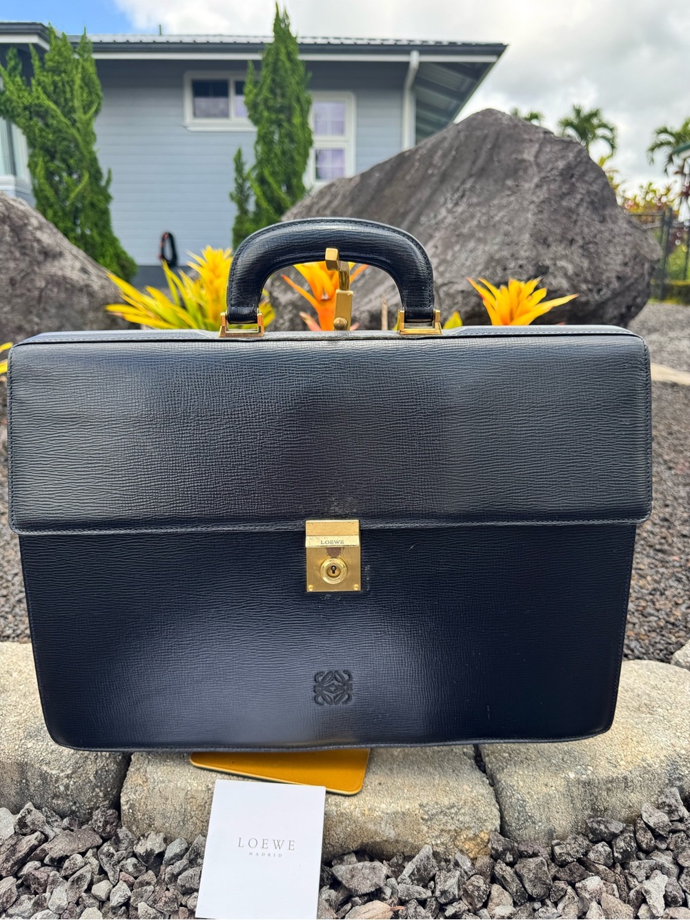 Loewe COA Vintage Black Leather Attache Briefcase Gold Hardware Key Rare